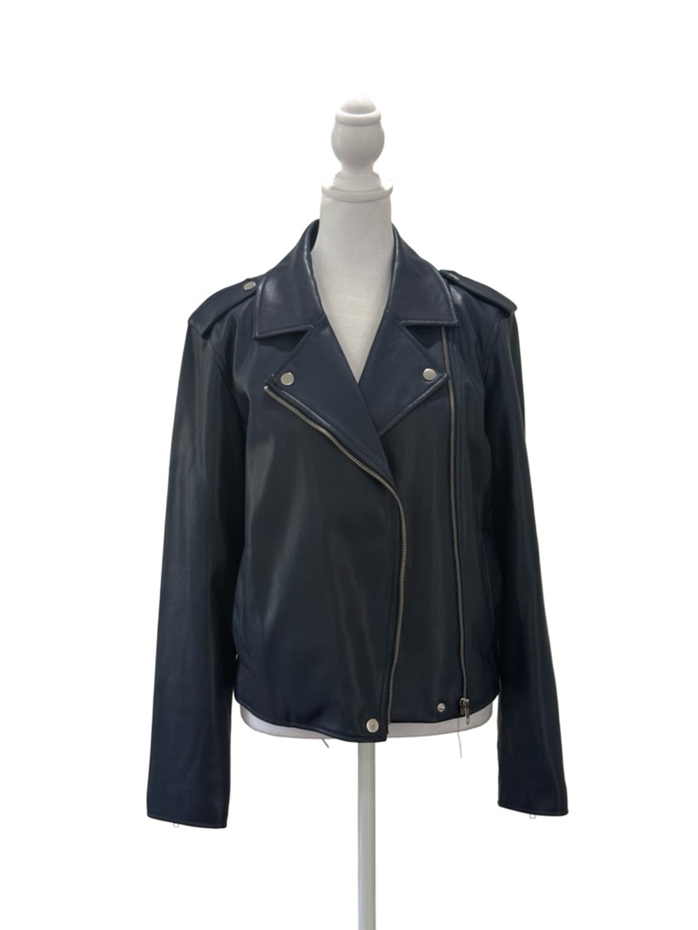INC International Concepts Faux Leather Moto Jacket Size Medium Dark Navy Blue - Picture 4 of 13